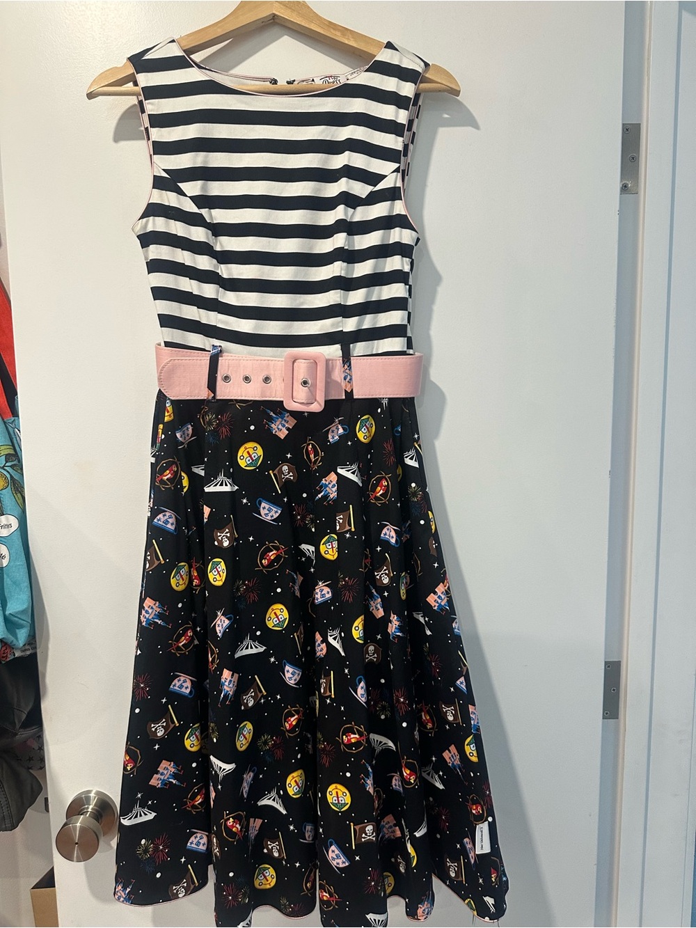 Women Black Striped Top Space-Print Dress with Pink Belt (Disney)